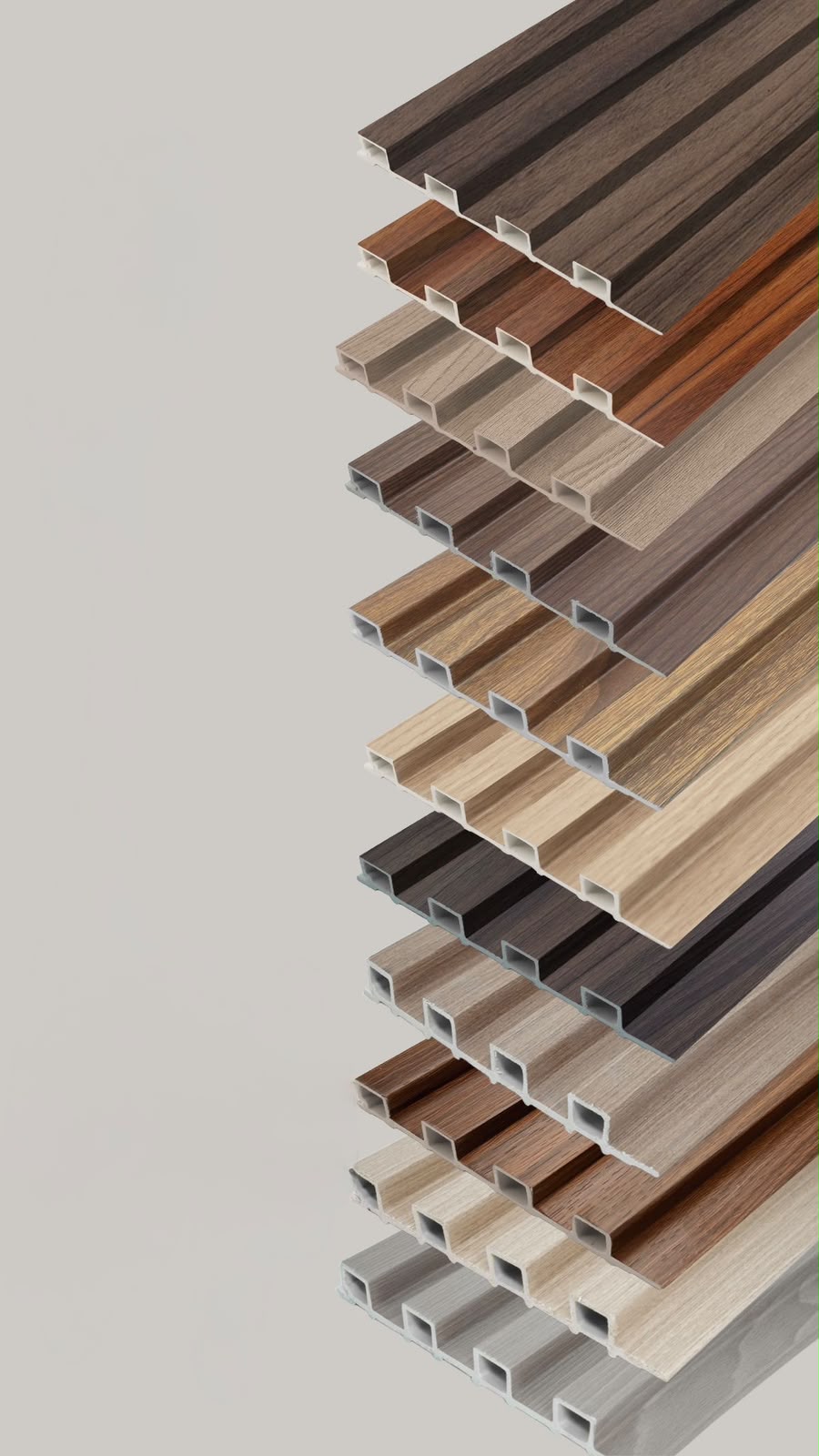 Assorted collection of decorative ribbed wall panels in various wood textures and colors.