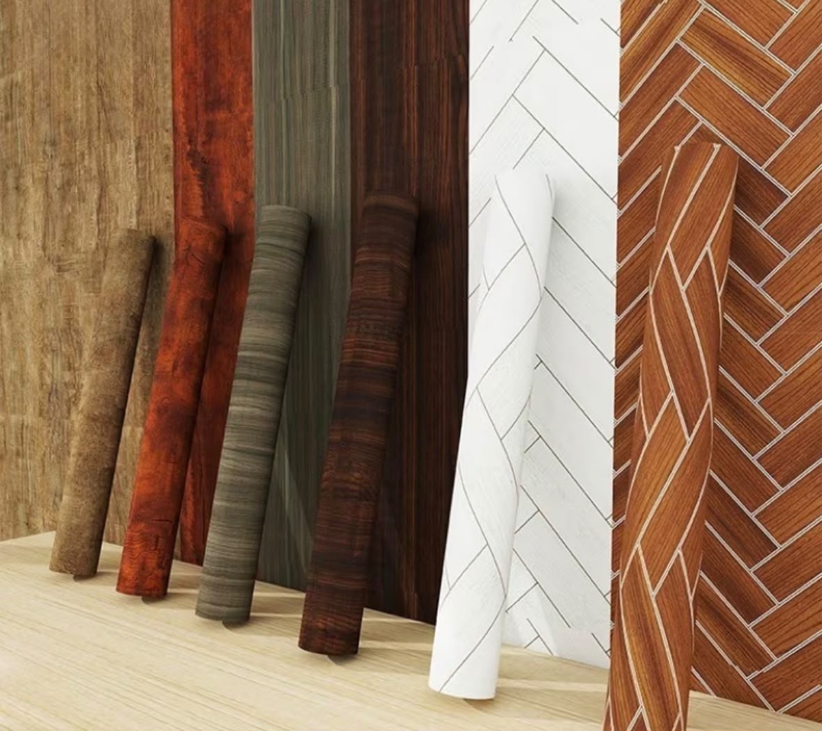 Various rolls of self-adhesive decorative wood and brick pattern contact paper.