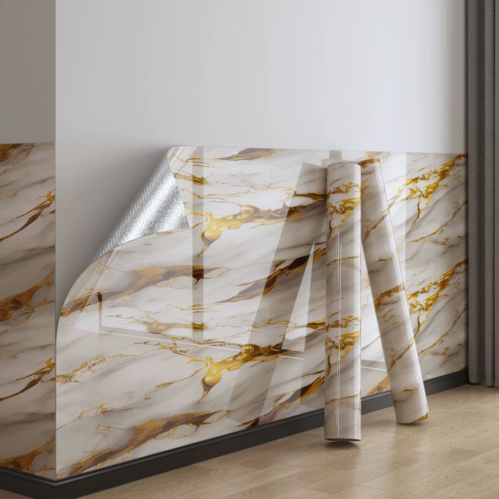 White marble effect decorative wall covering with gold veins by Katove