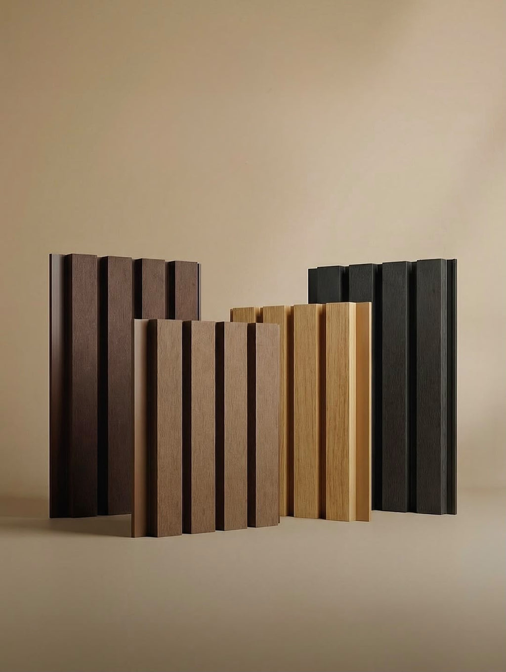 Decorative fluted wall panels in various wood and black finishes by Katove