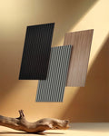 Modern decorative ribbed wall panels in black, grey, and wood tones by Katove.