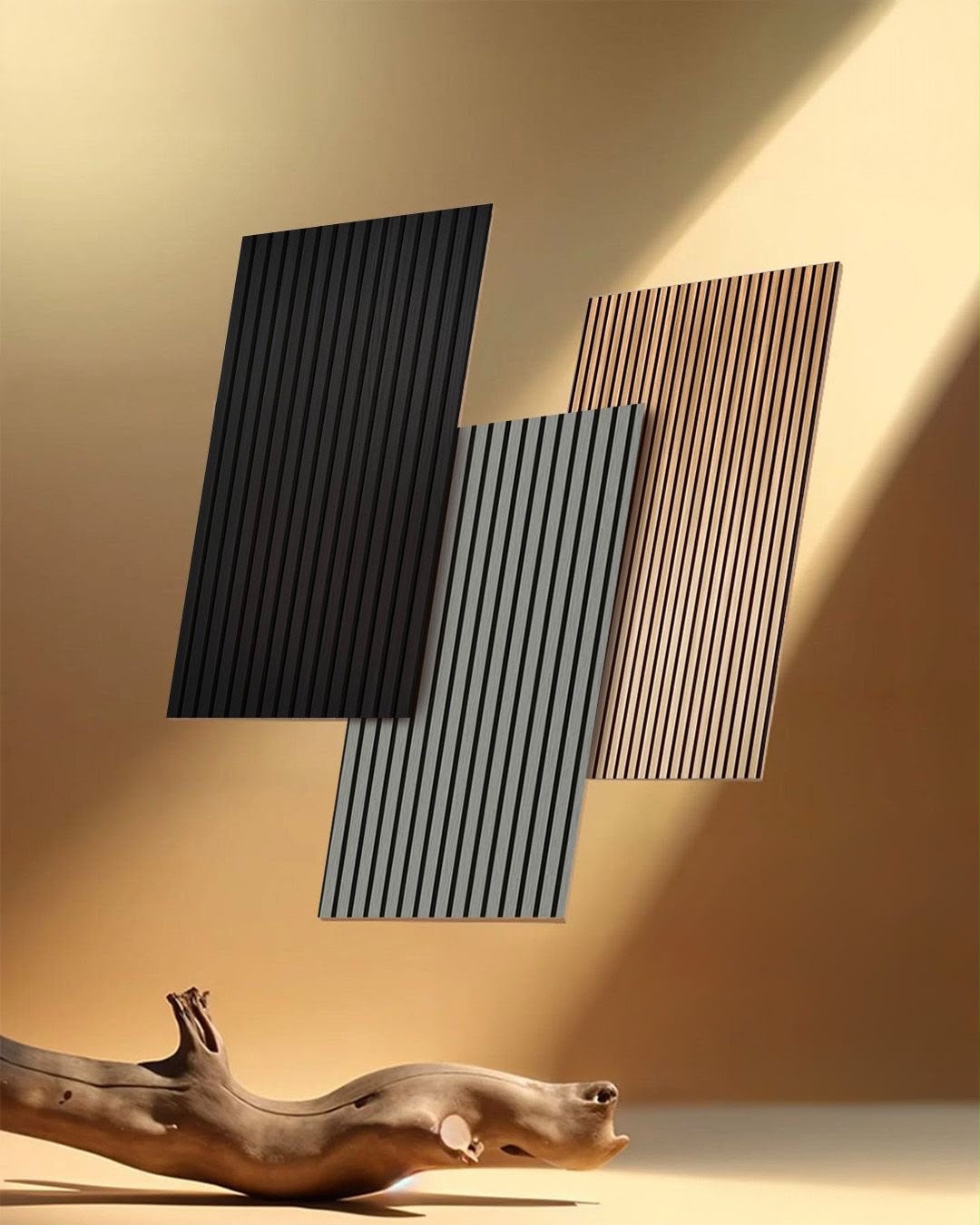 Modern decorative ribbed wall panels in black, grey, and wood tones by Katove.