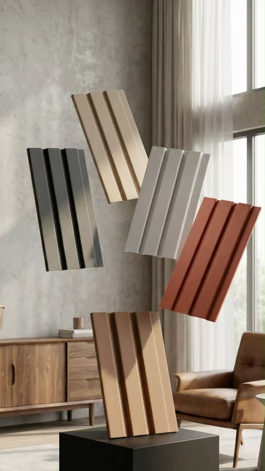 Assorted decorative fluted wall panels in black, beige, grey, and terracotta colors.