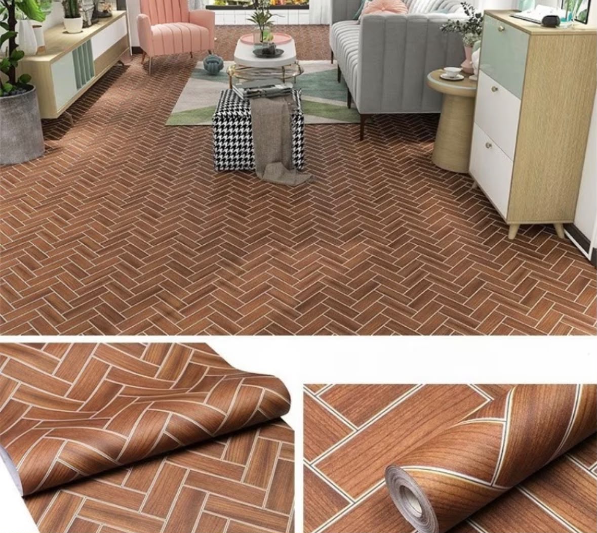 Brown wood grain herringbone pattern self-adhesive decorative floor film by Katove
